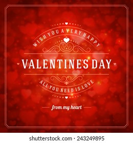 Happy Valentine's day Greeting Card and Bokeh Heart Light Vintage Vector Background