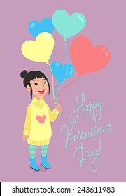 Happy Valentine's Day greeting card. Girl with heart shaped balloons