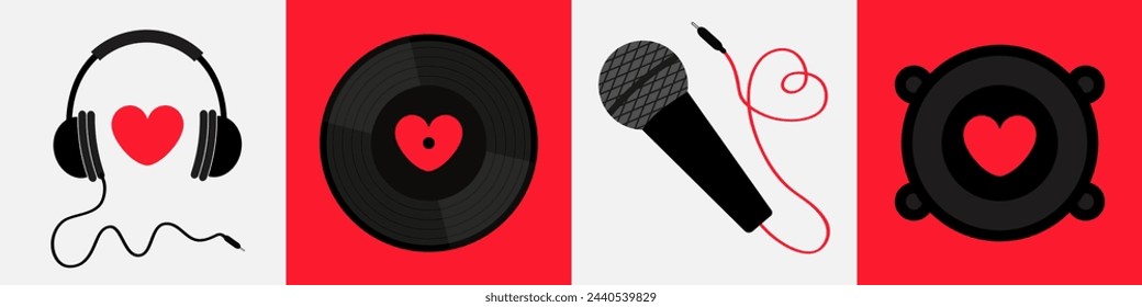 Happy Valentines Day greeting card, music poster, banner set. LOVE. Black vinyl record disk. Heart sign symbol. Headphones, microphone, sound speaker, loudspeaker. Flat design. White background Vector