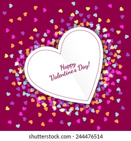 Happy Valentine`s Day greeting card with hearts background. Vector illustration. Wedding invitation.