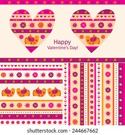 Happy Valentines Day. Greeting card and wrapping paper for Valentine's Day, weddings. Decorative heart with two birds. Set of seamless patterns. Vector illustration.