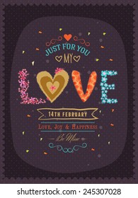 Happy Valentines Day greeting card design decorated with colorful text Love and hearts.