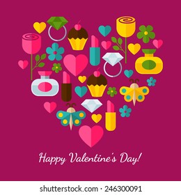 Happy Valentine`s Day greeting card. Set of flat design concept icons for web and mobile phone services and apps. Heart shape made of gift illustration background. 