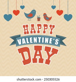 Happy Valentine's Day greeting card decorated by hanging hearts and cute couple of love bird.