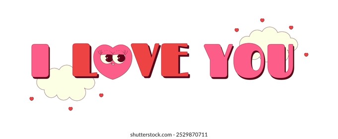 Happy Valentines day greeting card. I love you lettering and cute heart with face. Trendy retro groovy style. Horizontal vector illustration on transparent background