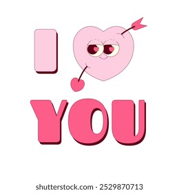 Happy Valentines day greeting card. I love you lettering and cute heart with face and cupids arrow. Trendy retro groovy style. Vector illustration on transparent background