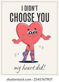 Happy Valentine's Day greeting card in retro cartoon style. Pink groovy heart character. Flyer template, poster, print. Love concept.