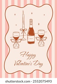 Happy Valentine's Day greeting card in elegant and vintage coquette style. Trendy vector illustration of glasses with bows, wine and candle with bow. Romantic flyer with ribbon frame.