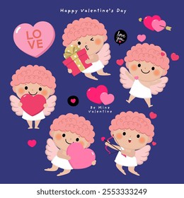 Tarjeta de felicitación feliz del día de San Valentín con el carácter cupido lindo. Colección de dibujos animados de vacaciones de amor. -Vector