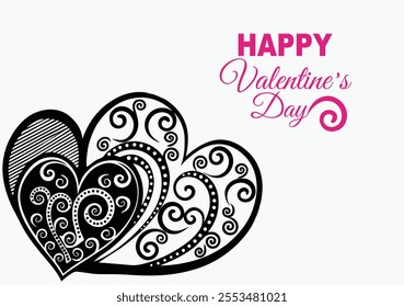 Happy Valentine`s Day greeting card for card, banner, poster design with swirl of decorative hearts