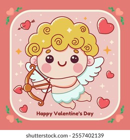 Happy Valentine's Day. Greeting card with cute kawaii cartoon cupid holding bow and heart shaping arrow. Vector illustration on pink background with hearts. 