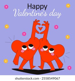 Happy Valentine's day greeting card with two hearts and flowers. Flat vector illustration.