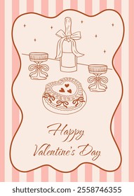 Happy Valentine's Day greeting card in elegant and vintage in aesthetics coquette. Romantic banner with ribbon frame. Trendy vector illustration of glasses with bows, alcohol bottles and cake.