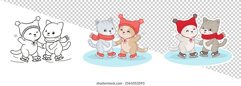 Happy Valentine's day greeting card with two adorable kittens ice skating together, a gray cat with a red scarf and a beige cat with a red pom-pom hat. Cartoon cute poster with "Be my Valentine" text