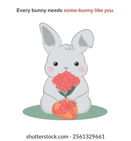 Happy Valentine's Day greeting card with hand drawn cute chubby bunny sitting on grass with a heart-shaped gift box and a bouquet of pink flowers. Cartoon poster with kawaii rabbit and romantic text