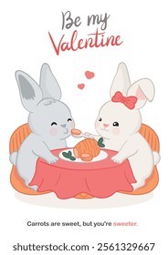 Happy Valentine's day greeting card with two hand drawn cute chubby bunnies sitting together at a table with a big carrot on it. One rabbit feeds the other from a spoon. Kawaii romantic vector poster