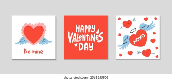 Happy Valentine's Day Greeting Card set. Square posters February 14 celebration of love. Red heart with wings and groovy lettering. Social media background. Vector flat illustration.