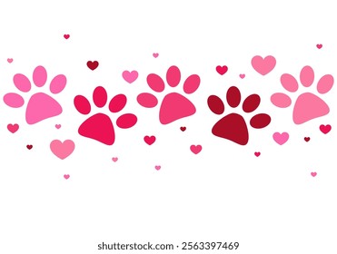 Happy Valentine's day greeting card with hearts and paw prints. Dog love, Cat love. Valentine's day greeting card with hearts and vector foot trail print of cat. Dog, puppy