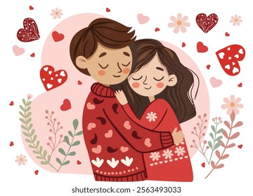 Happy valentines day greeting card. lovely romantic feelings concept Cartoon style lovely boy and girl characters gently embrace. Valentines day romantic concept. Cute boyfriend and girlfriend. 