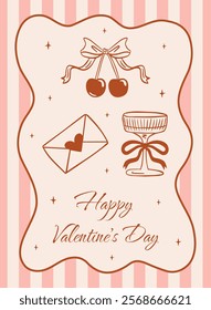 Happy Valentines Day greeting card in elegant and vintage in aesthetics coquette. Trendy vector illustration of a champagne glass with a bow, an envelope with a heart and a cherry with a bow.