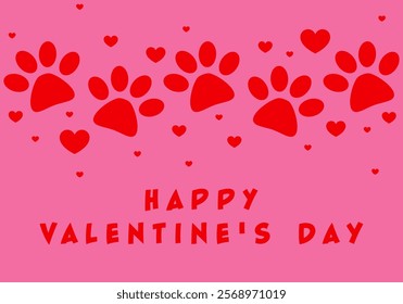 Happy Valentine's day greeting card with hearts and paw prints. Dog love, Cat love. Valentine's day greeting card with hearts and vector foot trail print of cat. Dog, puppy