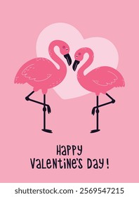 Happy valentines day greeting card, banner or poster template with pink flamingos in love and heart.