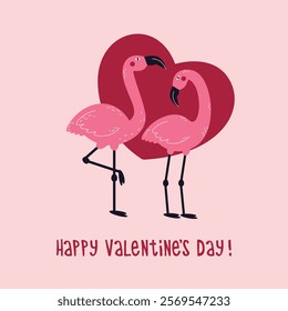 Happy valentines day greeting card with pink flamingos and heart.