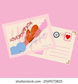 Happy Valentines Day greeting card. 14 February holiday. Cute love sale flyer template, poster, cover, banner design. Love letter, envelope. Set of love postage stamps