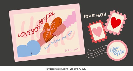 Happy Valentines Day greeting card. 14 February holiday. Cute love sale flyer template, poster, cover, banner design. Love letter, envelope. Set of love postage stamps