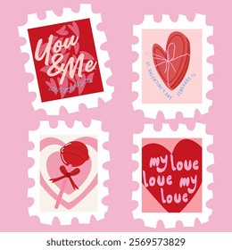 Happy Valentines Day greeting card. 14 February holiday. Cute love sale flyer template, poster, cover, banner design. Love letter, envelope. Set of love postage stamps