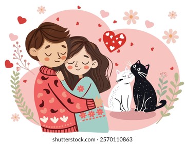 Happy valentines day greeting card. lovely romantic feelings concept Cartoon style lovely boy and girl characters gently embrace. Valentines day romantic concept. Cute boyfriend and girlfriend. 