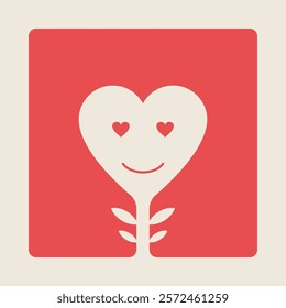 Happy Valentines Day greeting card. Vector illustration, smiling plant with heart-head.