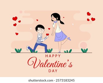 Happy Valentine's Day Greeting Card with Cartoon Boy Proposing to His Girlfriend Illustration.