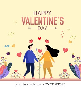 Happy Valentine's Day Greeting Card with Cartoon Couple Walking on Yellow Background.