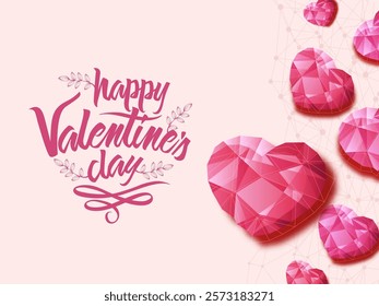 Happy Valentine's Day Greeting Card with Pink Polygonal Hearts Decorated Background.