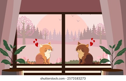 Happy Valentine's Day Greeting Card with Cute Cat Couple Character Sitting on Windowsill and Plant Pots.