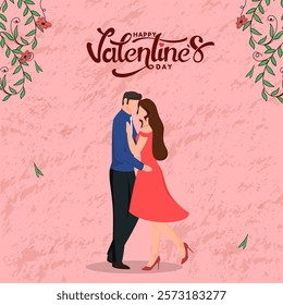 Happy Valentine's Day Greeting Card with Faceless Couple Character in Dancing Pose.