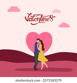 Happy Valentine's Day Greeting Card with Cartoon Couple Character in Dancing Pose.