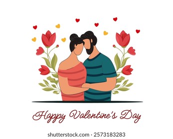 Happy Valentine's Day Greeting Card with Faceless Romantic Couple Character and Floral Decorated on White Background.
