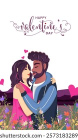 Happy Valentine's Day Greeting Card with Romantic Couple Character on Floral Background.