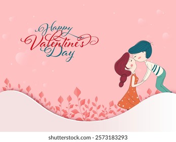 Happy Valentine's Day Greeting Card with Romantic Couple Kissing on Pink and White Background.