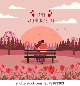 Happy Valentine's Day Greeting Card with Back View of Romantic Couple Sitting on Bench in Floral Garden View.