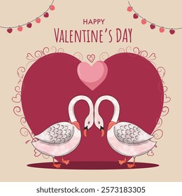 Happy Valentine's Day Greeting Card with Cute Love Couple of Swan Illustration.
