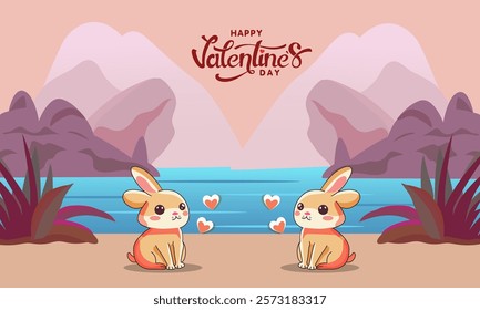 Happy Valentine's Day Greeting Card with Love Bunnies Couple Sitting Near River on Nature Background.