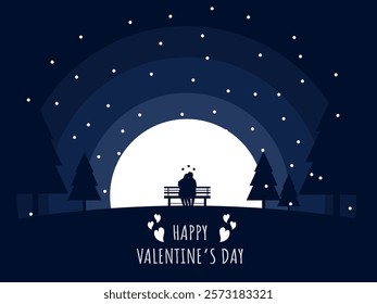 Happy Valentine's Day Greeting Card with Silhouette Couple Sitting on Bench in Moonlight Night Scene.