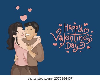 Happy Valentine's Day Greeting Card with Happy Couple Character Hugging on Blue Background.