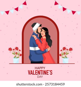 Happy Valentine's Day Greeting Card with Romantic Couple Character, Flower Pots and Bunting Flags on Pink Background.