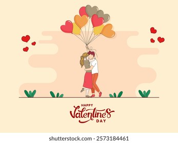 Happy Valentine's Day Greeting Card with Romantic Couple Holding Balloons Illustration.