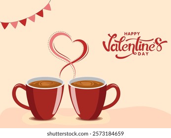 Happy Valentine's Day Greeting Card with Pair of Coffee Cup on Beige Background.