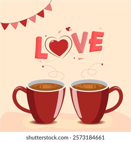 Happy Valentine's Day Greeting Card with Love Text and Pair of Coffee Cup on Beige Background.